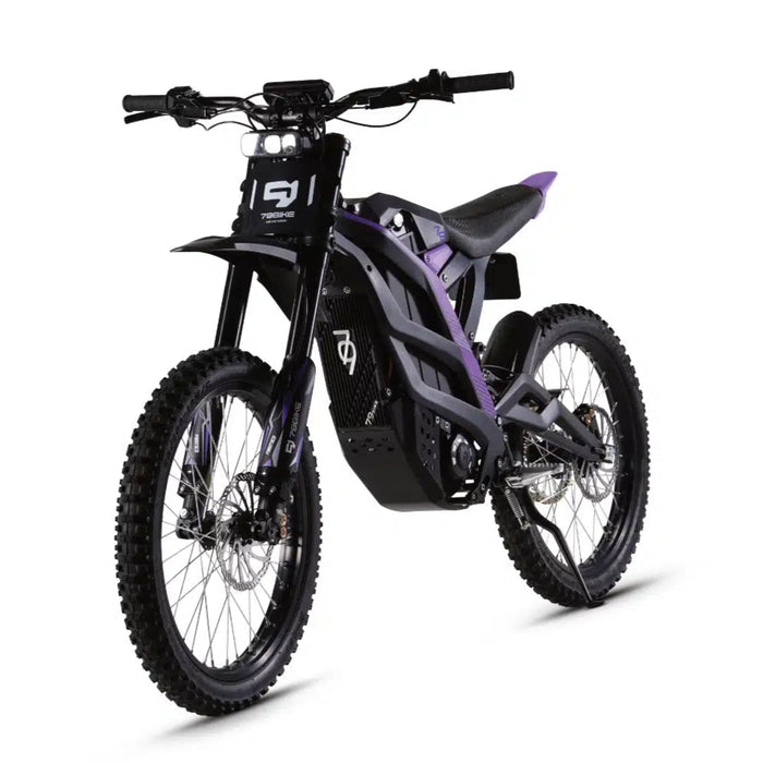 Falcon Pro L1e electric dirt bike front view, off-road e-bike purple-black
