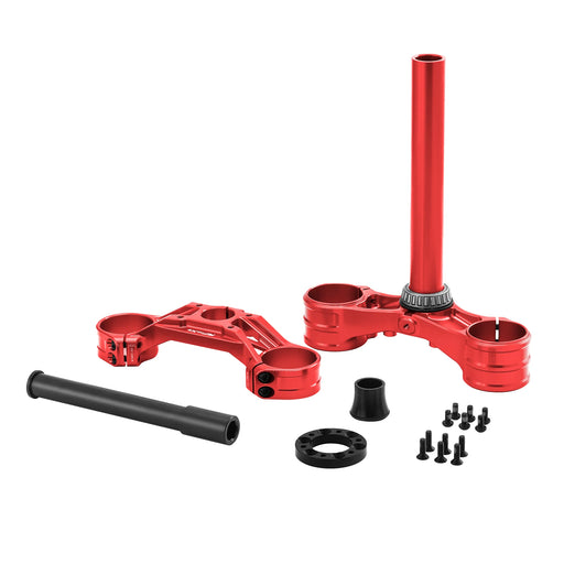 Red motorcycle triple tree clamp set with black bolts and spacers on white background.