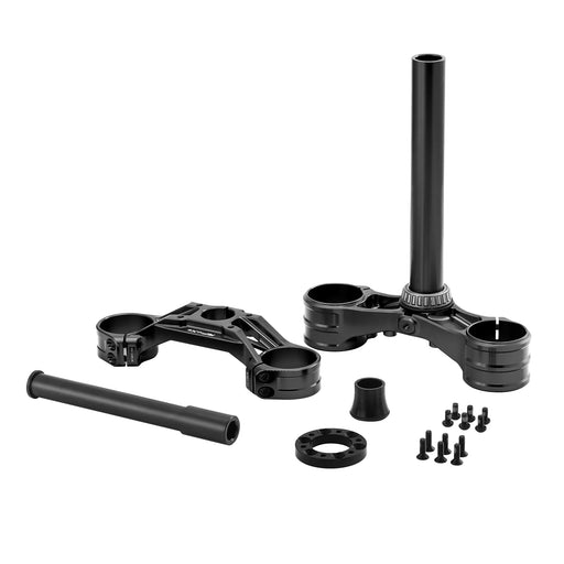 Black motorcycle triple tree clamp set with bolts and spacers on white background.