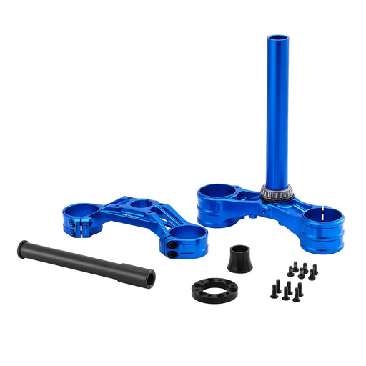 Blue anodized motorcycle triple tree clamp set with bolts and spacers.