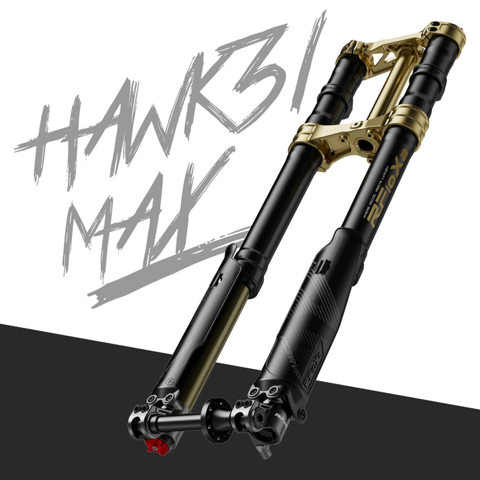 RFloXa Hawk 31 Max Federgabel fuer Surron Lightbee mit goldener Gabelbruecke Promoansicht