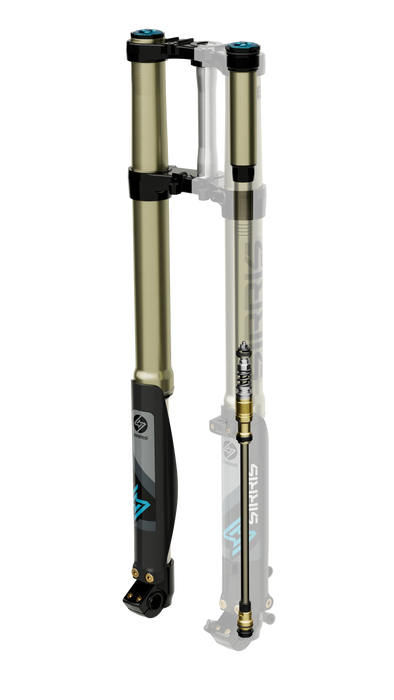 Cutaway view of mountain bike suspension fork showing internal damper parts