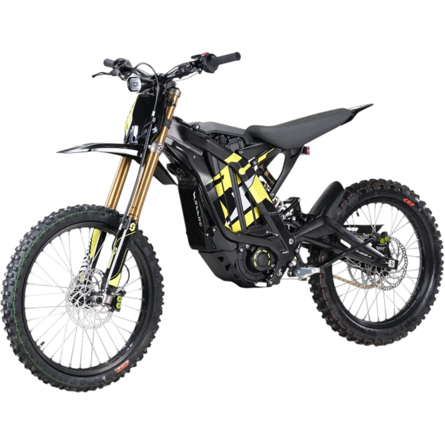 Black electric dirt bike with yellow accents and off-road tires on white background